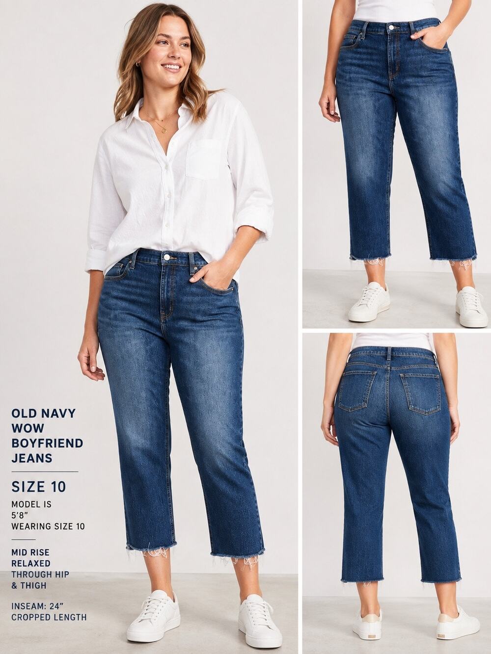 Old Navy Mid-Rise Wow Boyfriend Jeans, Cropped Distressed Raw Hem, Size 10